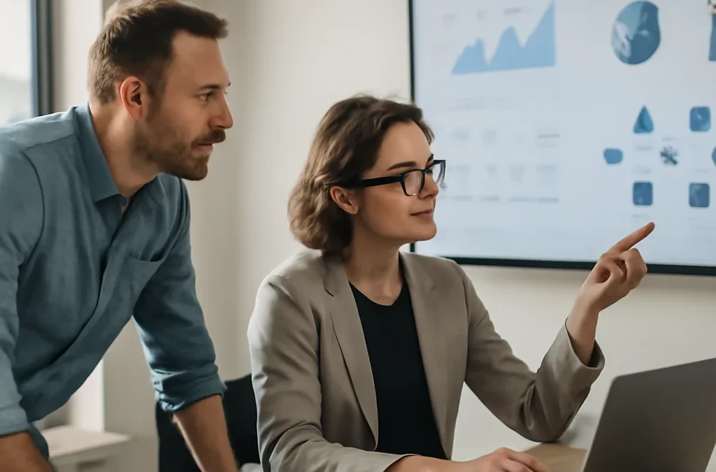 Zespół MŚP analizuje dashboard z przepływami agentów AI w biurze w Warszawie.