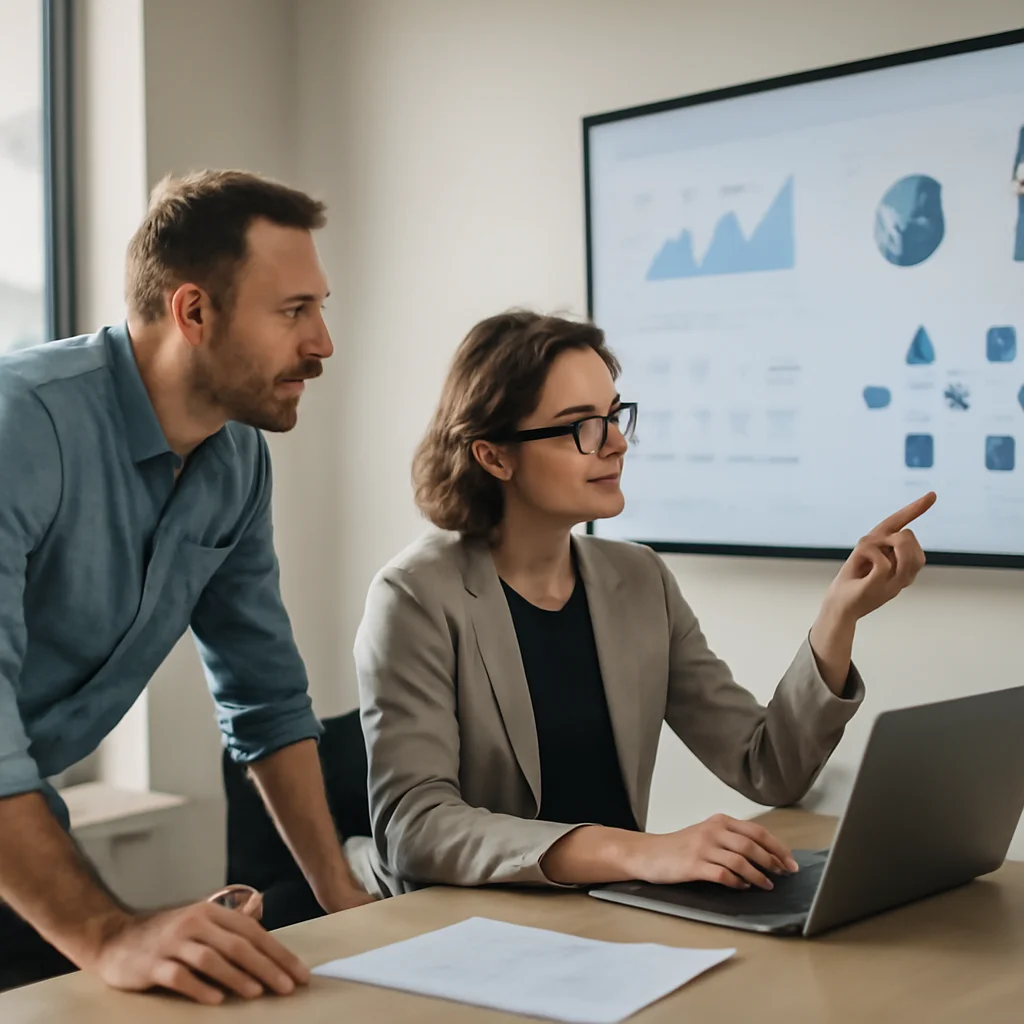 Zespół MŚP analizuje dashboard z przepływami agentów AI w biurze w Warszawie.