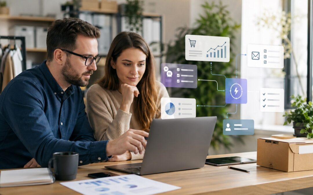 Przedsiebiorca i specjalistka analizuja automatyzacje AI dla sklepu internetowego i kampanii marketingowych
