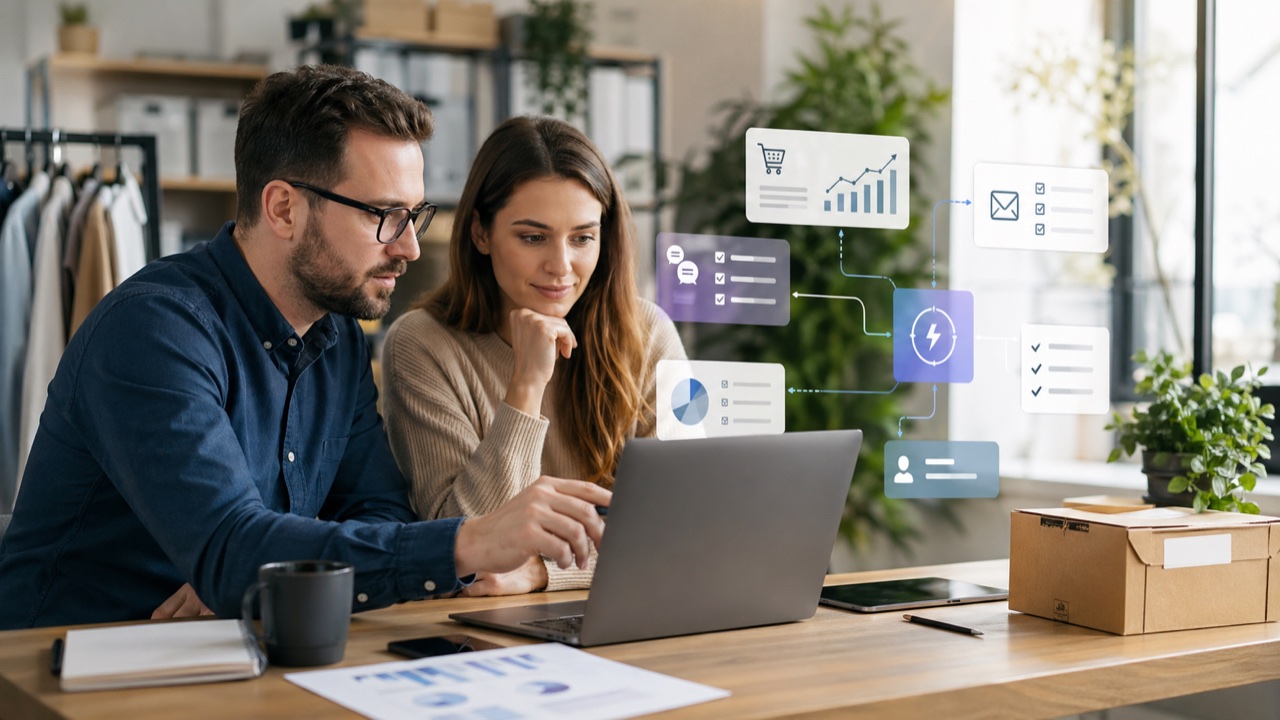 Przedsiębiorca i specjalistka analizują automatyzacje AI dla sklepu internetowego i kampanii marketingowych