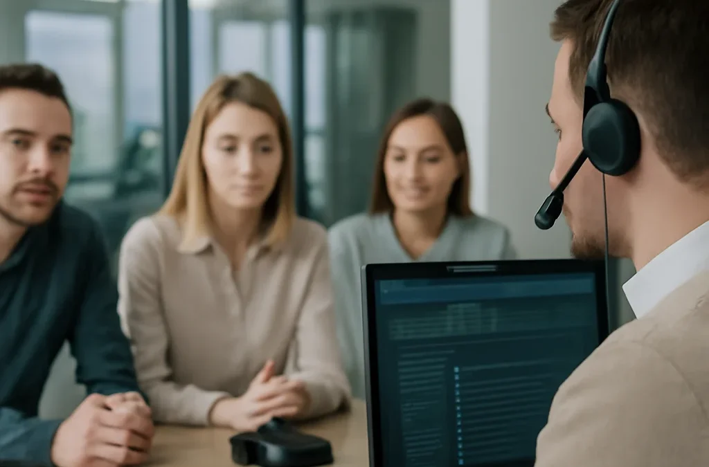 Agent głosowy AI obsługuje klienta w polskiej firmie e‑commerce — zespół monitoruje rozmowę na pulpicie.