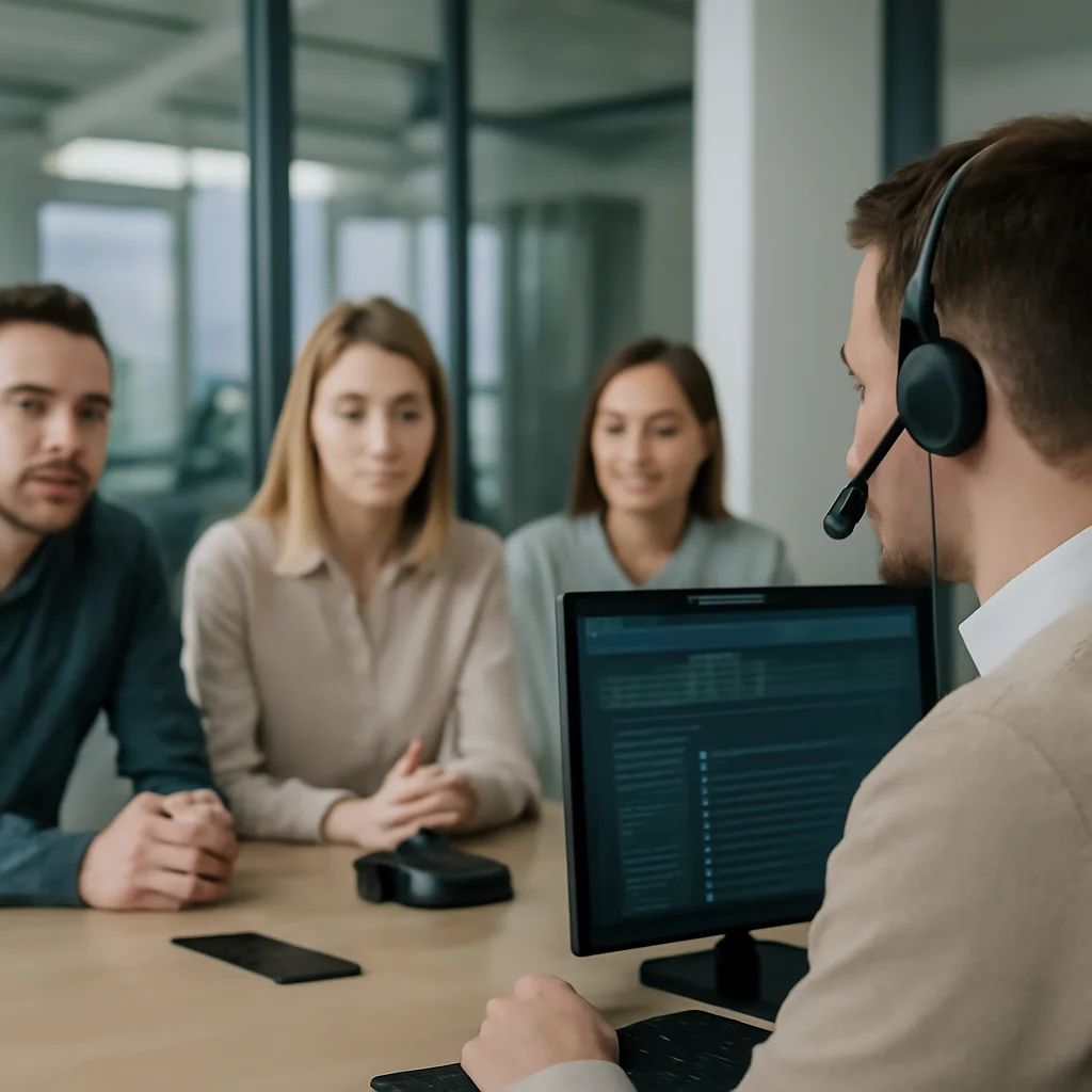 Agent głosowy AI obsługuje klienta w polskiej firmie e‑commerce — zespół monitoruje rozmowę na pulpicie.