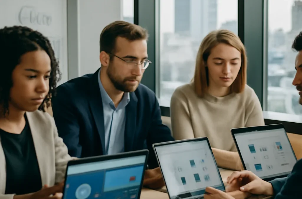 Zespół marketingowy w biurze analizuje wyniki kampanii i propozycje AI na ekranach laptopów.