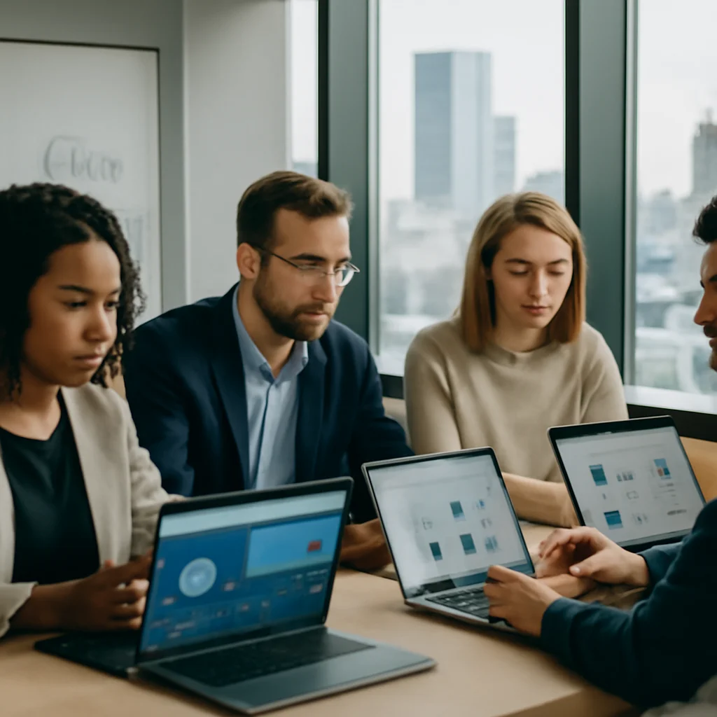 Zespół marketingowy w biurze analizuje wyniki kampanii i propozycje AI na ekranach laptopów.