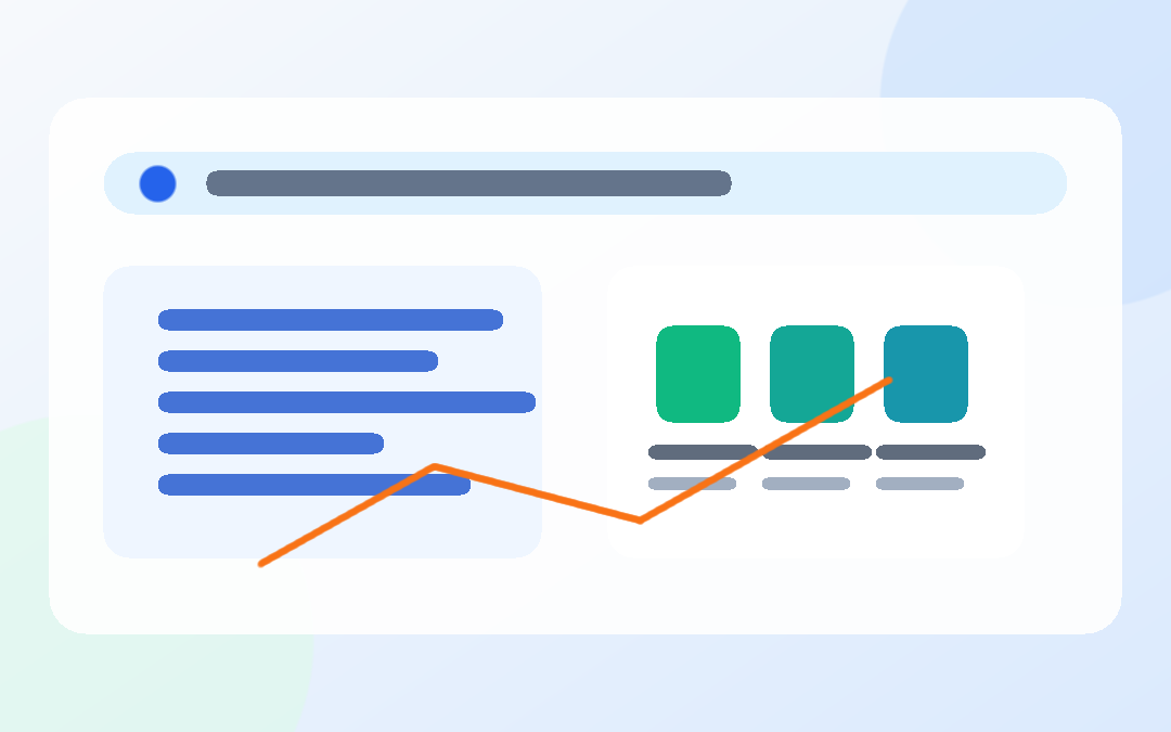 Abstrakcyjny panel wyszukiwania AI z kartami produktów i wykresem wzrostu widoczności sklepu internetowego