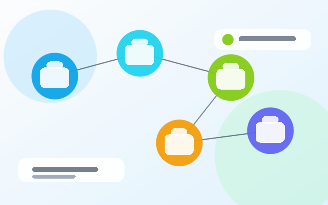 Abstrakcyjna sieć połączonych katalogów produktowych symbolizująca Merchant Center UCP i zakupy agentowe