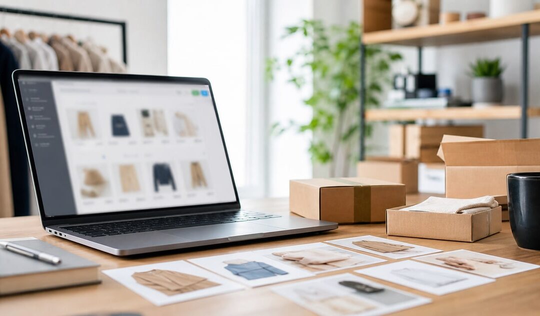 Realistyczne zdjęcie nowoczesnego biurka e-commerce: laptop z panelem sklepu internetowego, uporządkowane karty produktów, delikatne elementy interfejsu AI na ekranie, profesjonalne światło, bez logotypów i bez tekstu na obrazie.